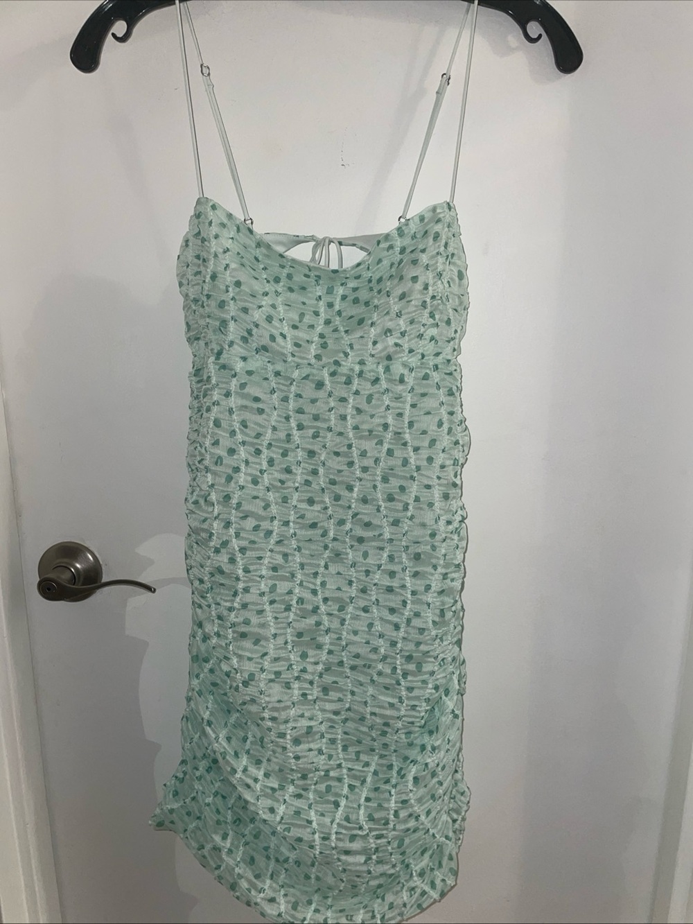NWT For Love & Lemons Medium Drea Green Polka Dot Ruched cutout back Mini Dress